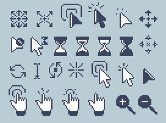 Retro cursors. Pointer arrow cursor hand finger mouse click icons, retro 90s computer technology elements for website and app design. retro cursor isolated set