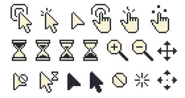 Pixel cursors. Retro vintage pointer cursor arrow hand finger icons, 8 bit computer game mouse pointer and finger tap touch click. pixel cursors isolated set vector