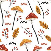 autumn seamless pattern with mushrooms, leaves and berries. doodle style vector