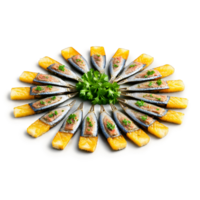 Sardines grilled and arranged in a starburst pattern with crispy skin and tender flesh garnished png