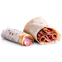 Picnic charcuterie cone with rolled salami breadsticks and olives wrapped in parchment paper isolated transparency png