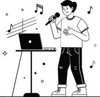 Young man singing into a microphone while looking at a laptop, surrounded by musical notes and abstract shapes vector