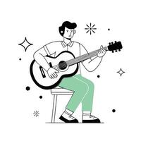 Person playing acoustic guitar while sitting on a chair. Black and white line art illustration with colored pants. Music and entertainment concept for design and print Design for poster banner vector