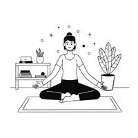 Person meditating in lotus position on a mat in a room with plants and a bookshelf Black and white line art illustration Health and wellness concept for design and print Design for poster banner vector