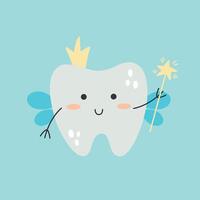 illustration of a tooth fairy with a crown and a magic wand on a blue background. vector