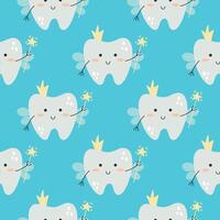 seamless pattern featuring a tooth fairy character with a crown and a magic wand on a blue background. vector
