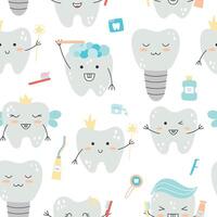Seamless pattern with kawaii-style tooth characters and dental care items on an isolated white background. vector