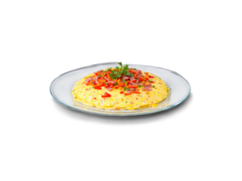 Omelette Denver with diced ham bell pepper and onion on a transparent glass plate American png