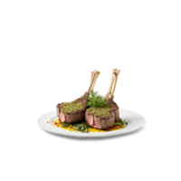 Lamb chops with herb crust floating and steaming Food and culinary concept png