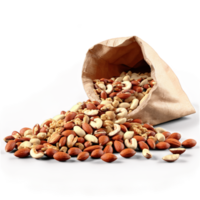 Reusable paper bag overflowing with protein rich nuts and seeds with healthy snacks spilling out png