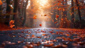 Colorful autumn leaves scattered on a wet forest path, with a misty background and fallen leaves in motion. photo
