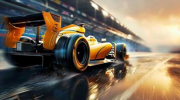 Bright yellow racing car in motion with high speed riding the street road with blurred background photo