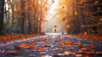 Colorful autumn leaves scattered on a wet forest path, with a misty background and fallen leaves in motion. photo