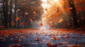 Colorful autumn leaves scattered on a wet forest path, with a misty background and fallen leaves in motion. photo