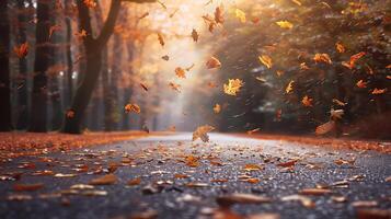 Colorful autumn leaves scattered on a wet forest path, with a misty background and fallen leaves in motion. photo