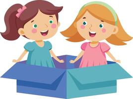 Two girls playing inside a box, enjoying imaginative play and having fun together vector