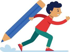 A child running with a giant pencil, representing enthusiasm for learning and creativity in education. vector