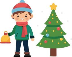 Child in cap scarf with bell by xmas tree vector