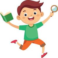Happy boy jumping with book and magnifying glass on transparent background. vector