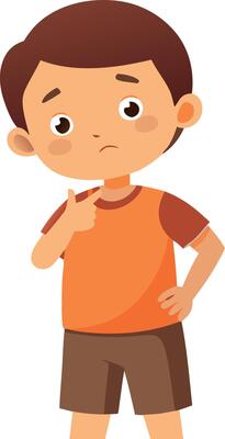 Cartoon illustration of a boy with a confused expression, wearing an orange shirt.
