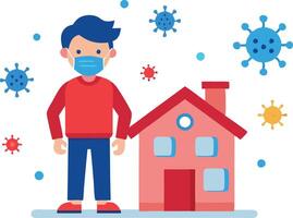 A child standing in front of a house with virus particles, depicting quarantine and home safety during a pandemic. vector