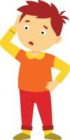 Boy looking curious and scratching his head in a thoughtful pose vector
