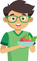 Boy holding a bowl of fresh vegetables isolated on white background vector