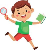 Boy running with magnifying glass and book vector