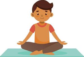 Cartoon illustration of a boy meditating in a lotus pose with a calm expression. vector