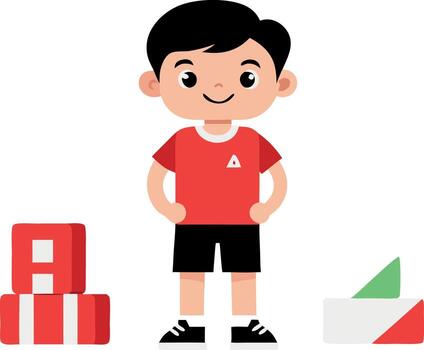 ilustración de un chico en pie con edificio bloques en un transparente antecedentes. vector