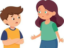 A boy and a girl standing and talking to each other, with concerned expressions, discussing something serious. vector