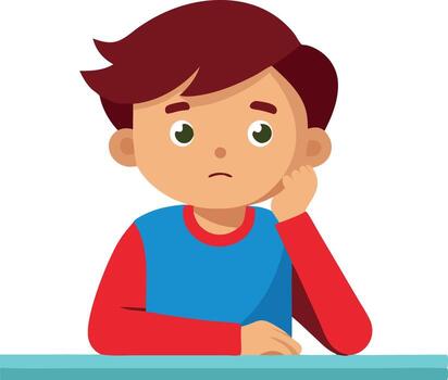 A boy sitting at a table and writing in a notebook, focused on his studies and learning. vector