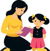 A mother and daughter reading a book together, sitting on the floor with the book open. vector