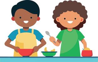 Two kids in the kitchen mixing ingredients in bowls. The image highlights the process of cooking and the involvement of children in culinary activities. vector