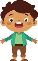 A cheerful boy in a green shirt, standing with arms outstretched, expressing excitement and joy. vector
