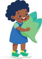 An illustration of a child holding a large green leaf. The child is smiling and wearing a blue outfit, making this image suitable for nature-themed educational content and children's activities. vector