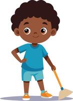 An illustration of a child in a blue outfit sweeping the floor. This image is ideal for use in educational content focused on teaching children about cleanliness and responsibilities at home. vector