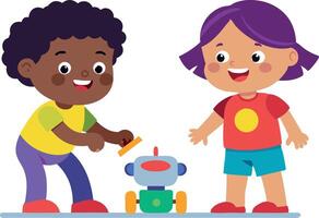 Two children playing with a robot, enjoying a STEM activity. The image captures the excitement and learning involved in robotics for kids. vector