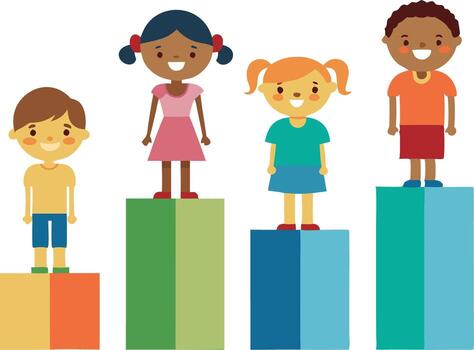 niños en pie en bloques en un juguetón configuración, representando crecimiento y desarrollo en niños. genial para educativo y de desarrollo contenido. vector