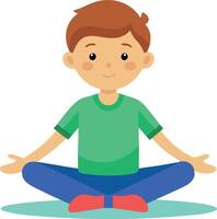 Child meditating, young boy sitting cross-legged in a peaceful and relaxed posture. vector
