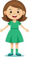 A happy girl in a green dress, smiling and standing upright, symbolizing joy and positivity. vector