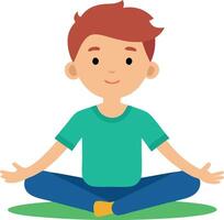 Boy practicing meditation, sitting in a lotus position with eyes closed and hands on knees. vector