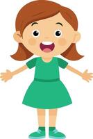 A cute girl in a green dress, smiling and standing with arms open, representing happiness and innocence. vector