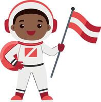 A cute illustration of a child dressed as an astronaut holding a red and white flag. The child is smiling and has headphones on. vector