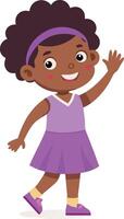 A delightful illustration of a child waving while wearing a purple dress. The child has a happy expression, making this image perfect for children's books, greeting cards, and educational materials. vector