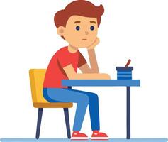 Young boy studying at a desk with a book and pencil, preparing for an exam or doing homework. vector