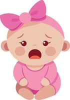 Illustration of a crying baby with a bow on its head, expressing sadness. vector