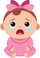 Illustration of a crying baby with a bow on its head, expressing sadness and emotion. vector