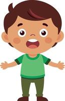 A happy boy in a green shirt, standing and smiling with arms open, showcasing a positive and joyful expression. vector