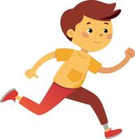Cartoon illustration of a boy running with a determined expression, wearing a yellow shirt and red pants. vector